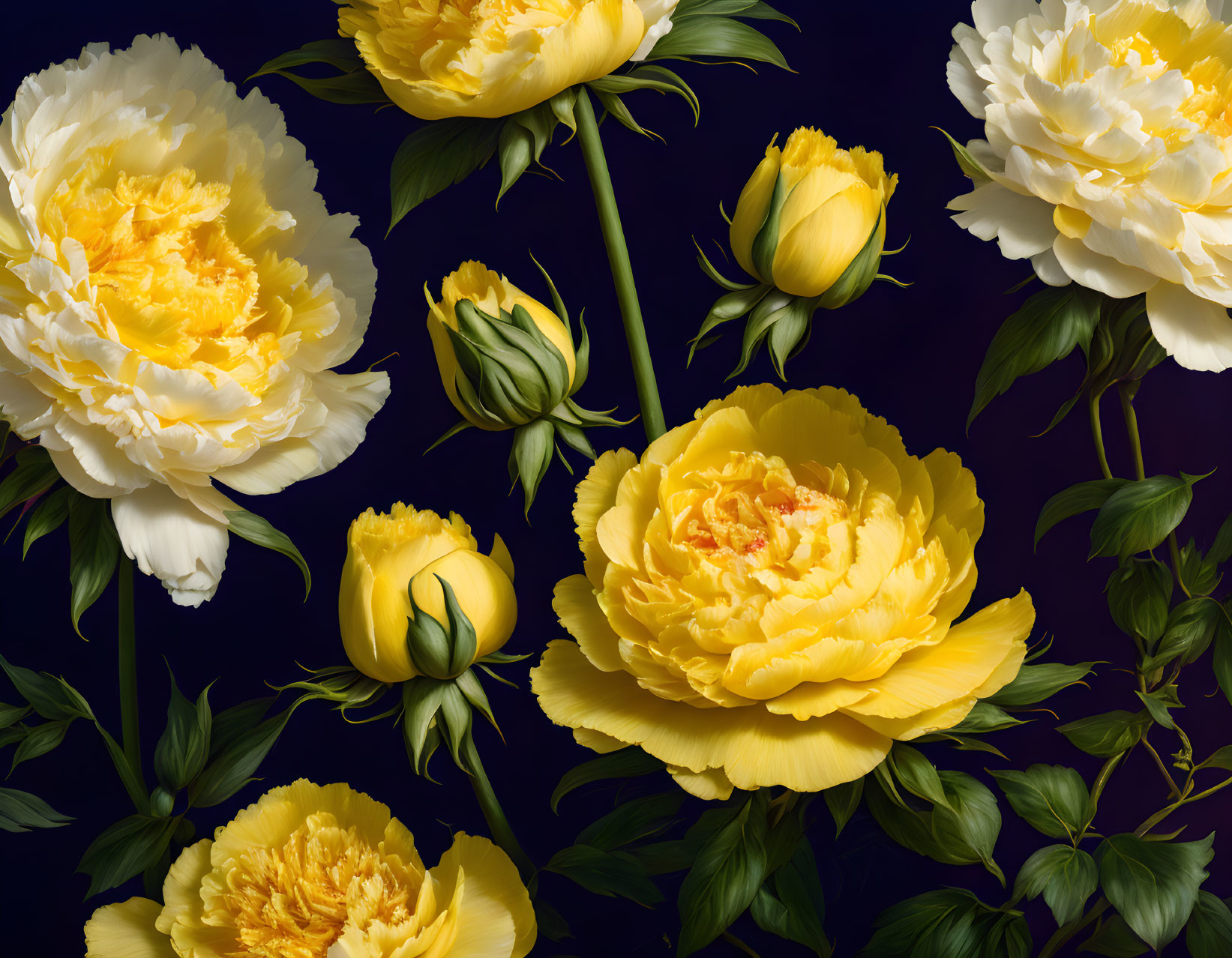 Yellow Peonies in Various Stages Against Dark Background