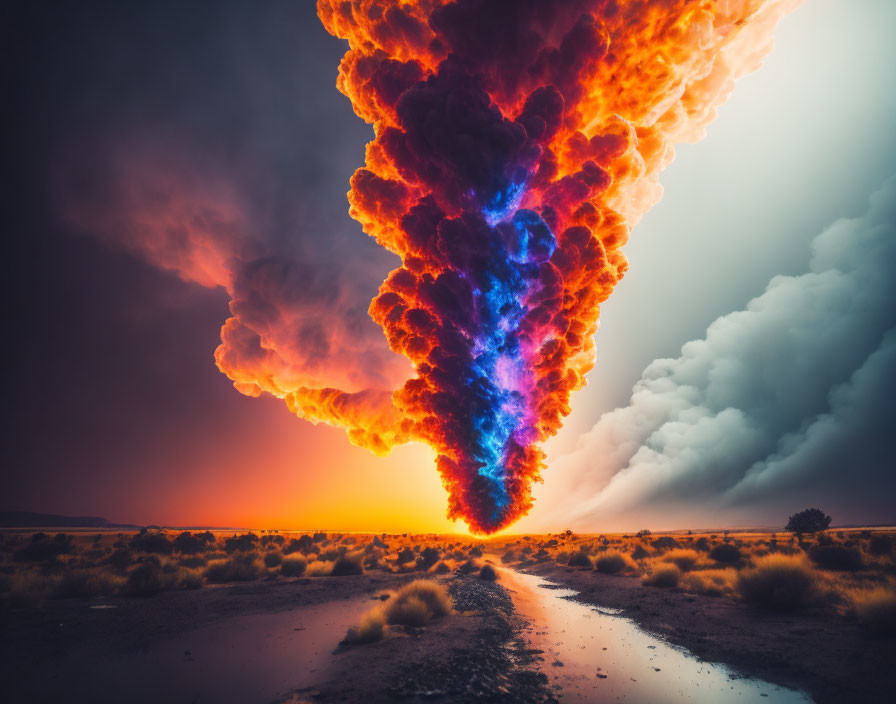 Fiery explosion with orange and blue flames in stormy sky