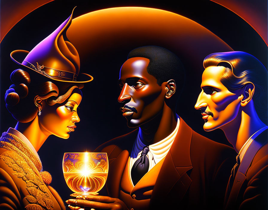 Three people in retro fashion against dark background with orange glow