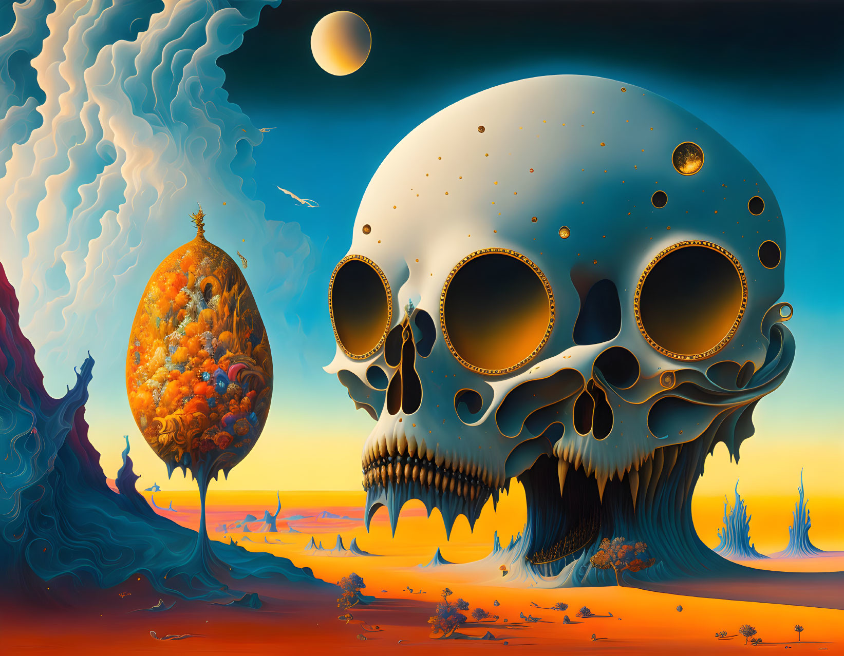 Surreal landscape with giant skull, colorful egg, and celestial bodies