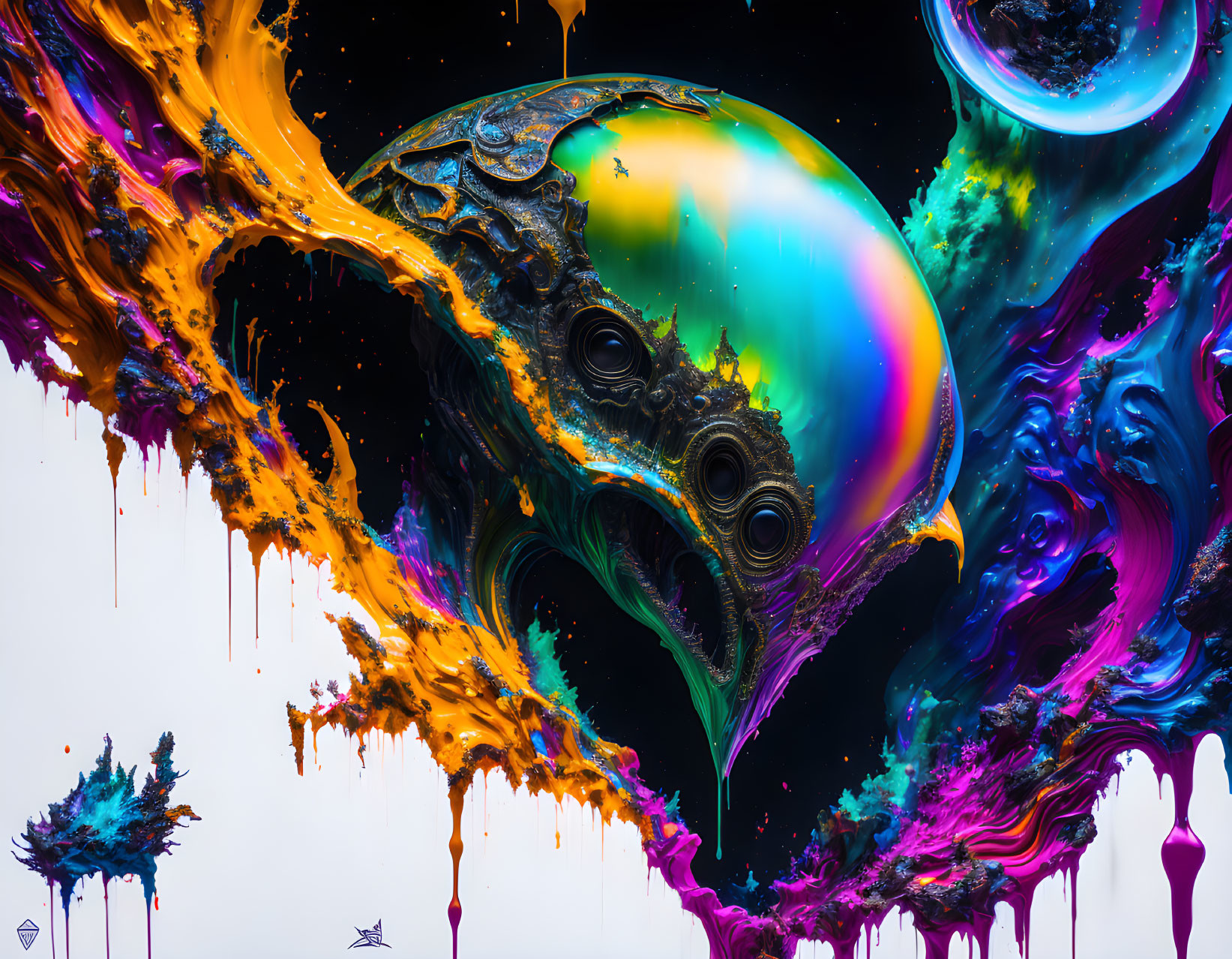 Colorful digital artwork: central iridescent bubble with dynamic paint splashes