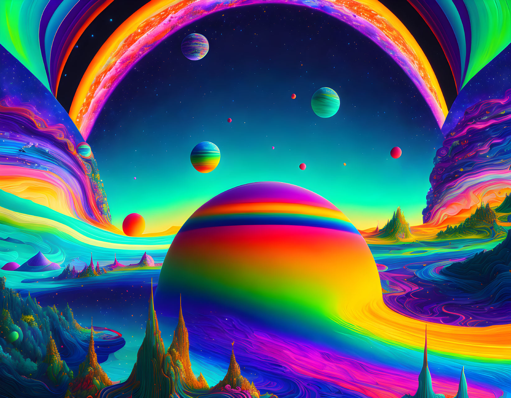 Colorful Psychedelic Landscape with Surreal Alien Terrain