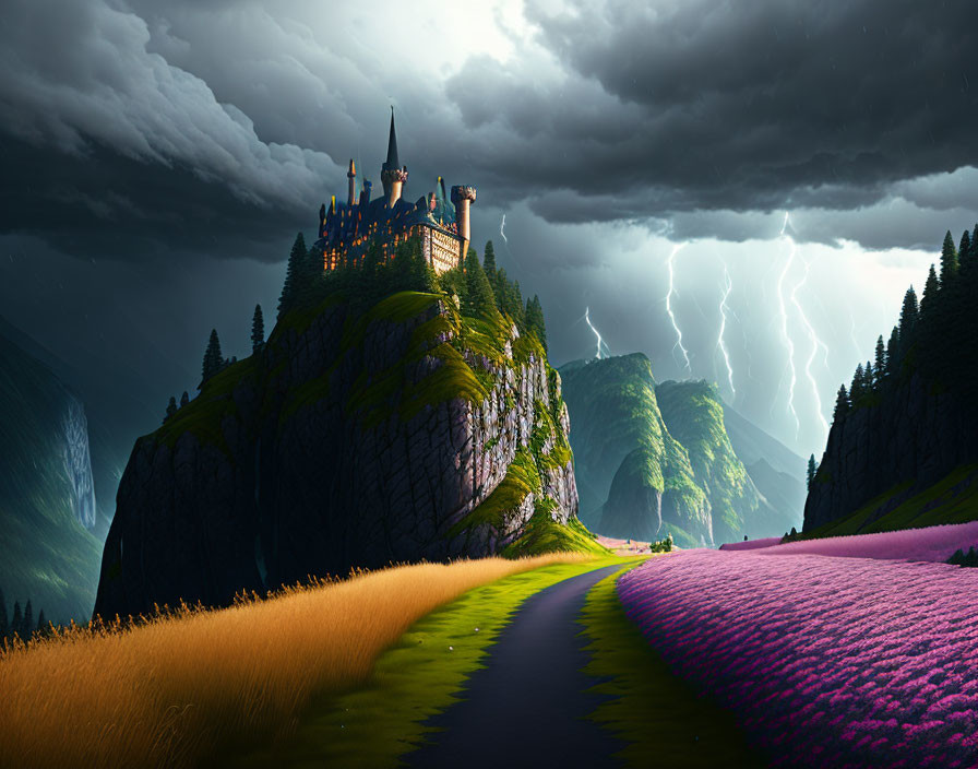 Majestic fantasy castle on cliff with stormy sky