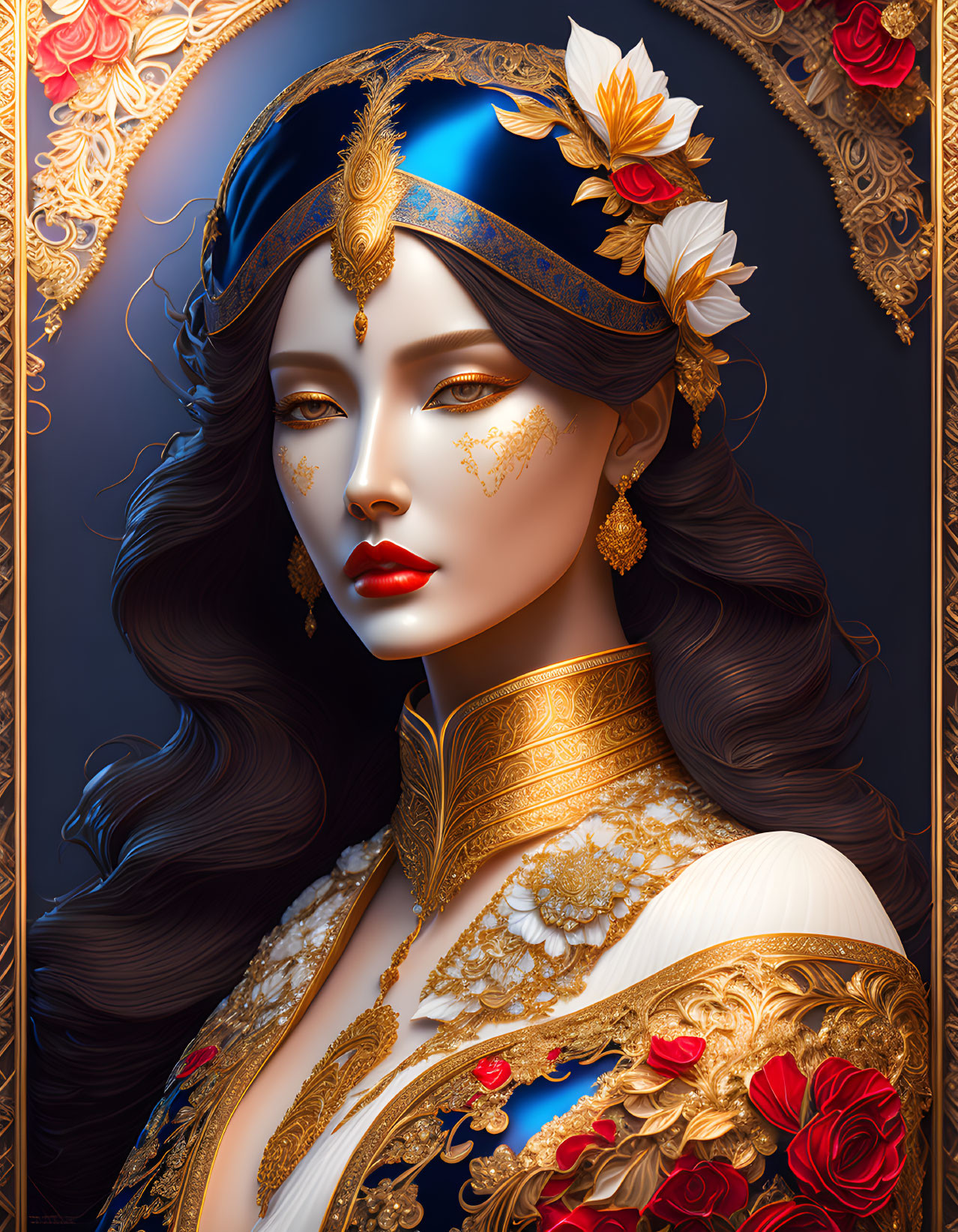 Elegant woman in regal attire with gold jewelry and floral motifs