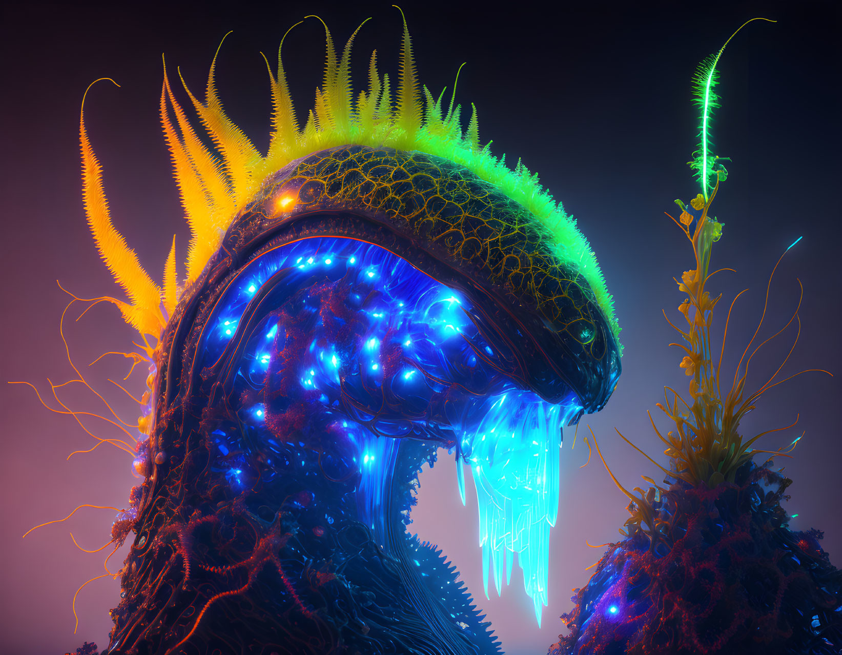 Colorful Otherworldly Creature with Glowing Blue Head and Neon Flora