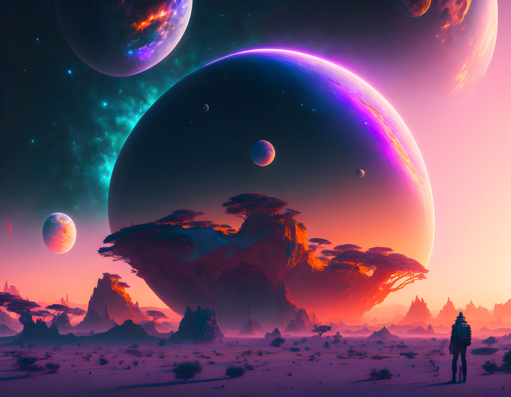 Futuristic landscape with lone figure, vibrant sky, and massive planets over alien desert