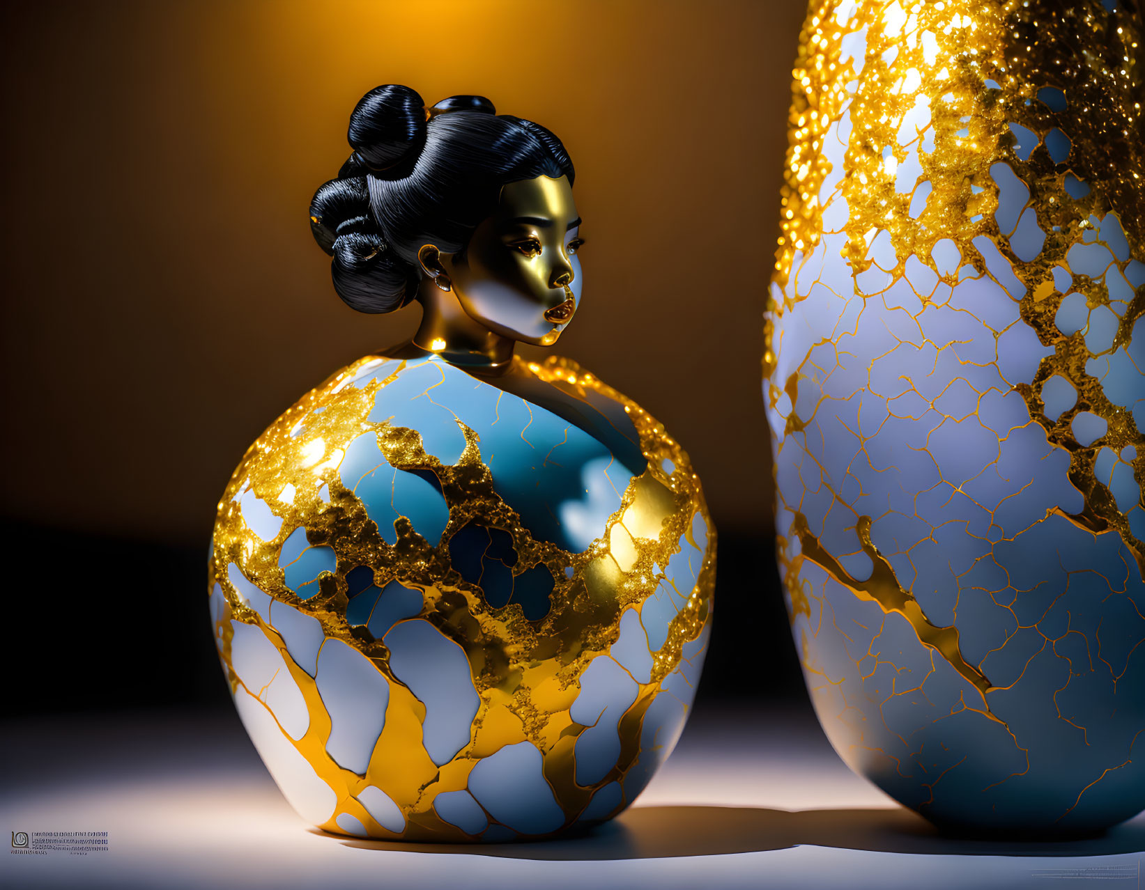 Sophisticated Porcelain Figure with Golden Spheres on Warm Backdrop