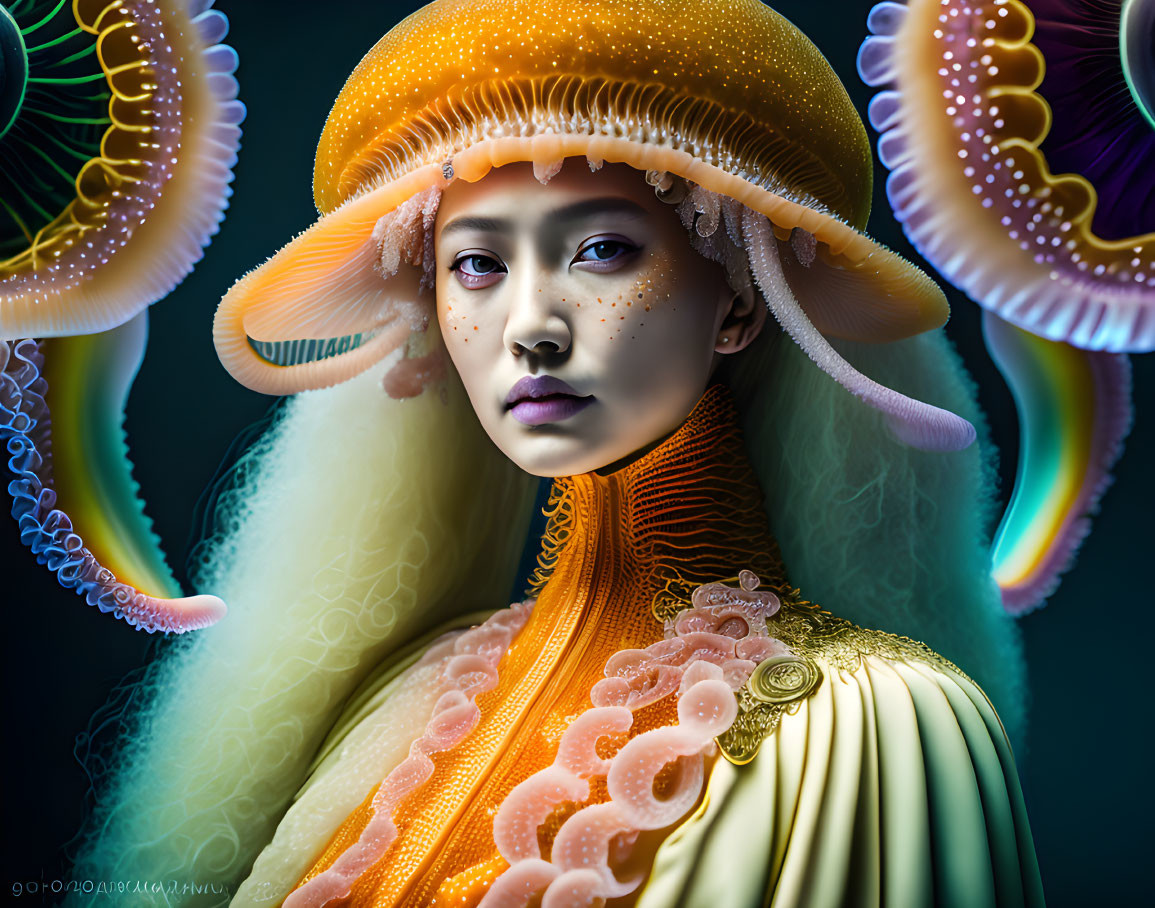 Colorful portrait of a woman in jellyfish-themed attire and headdress