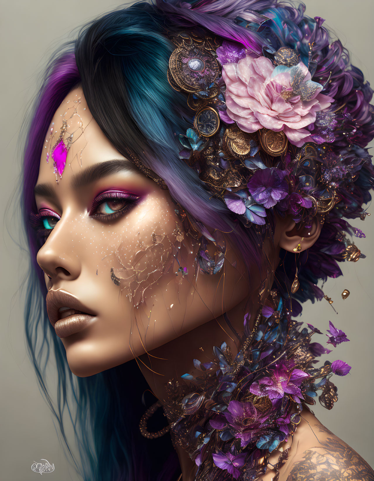 Woman with Blue and Purple Hair and Ornate Decorations in Digital Art