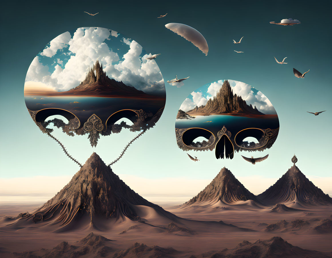 Surreal landscape: Floating islands, masquerade mask shape, birds, mountains, clear sky