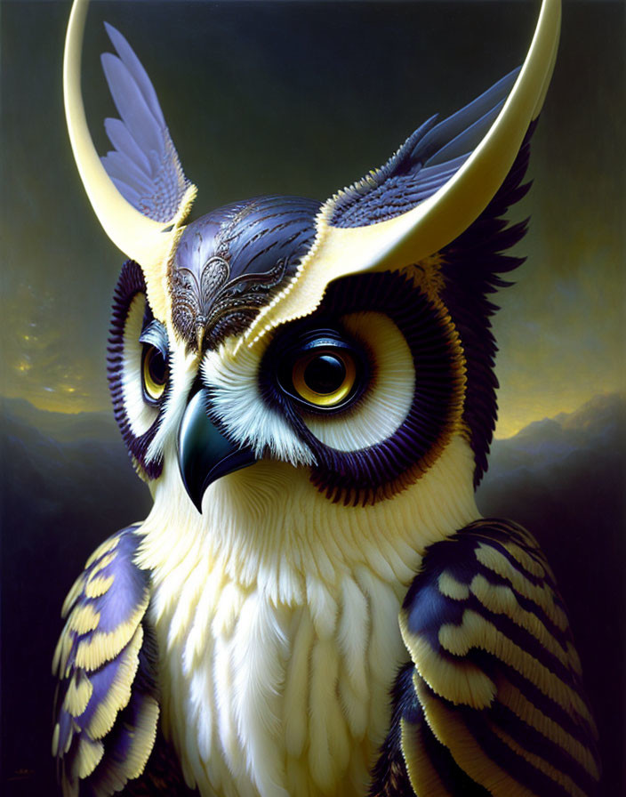 Intricate Owl Artwork with Horn-like Ear Tufts on Dark Background