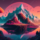 Colorful fantasy landscape with large moon, pink mountains, lake reflection, birds, and vibrant trees