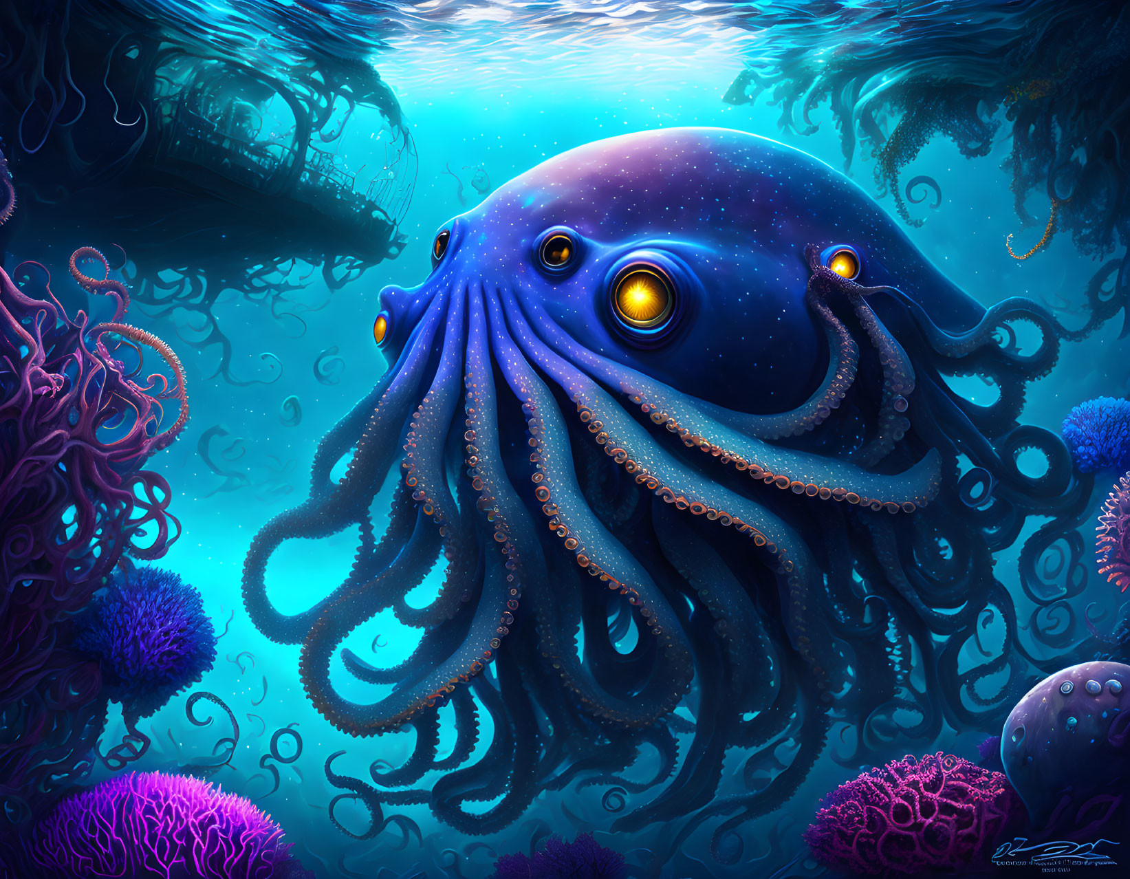 Colorful digital artwork: Cosmic octopus with starry body and golden eyes in underwater scene.