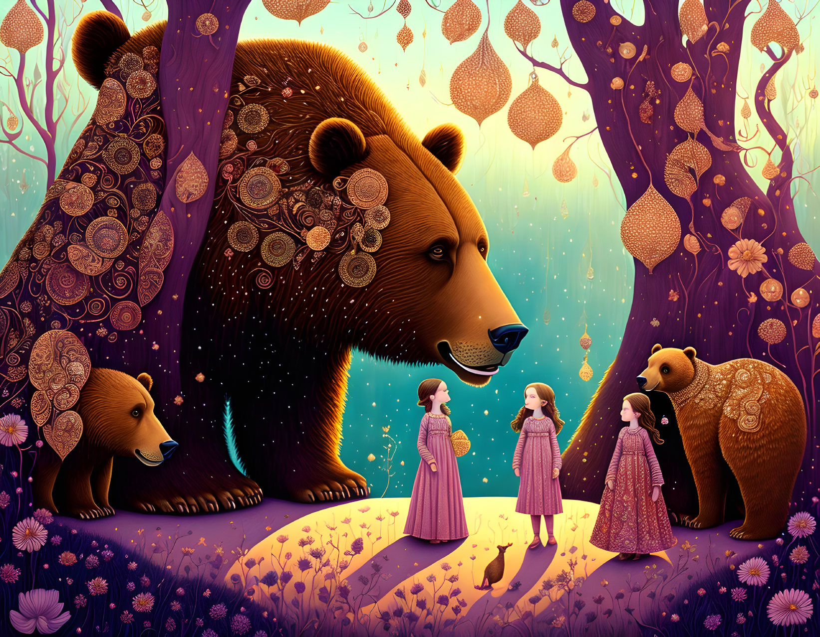 Vibrant forest with two girls, three bears, lanterns, and intricate patterns