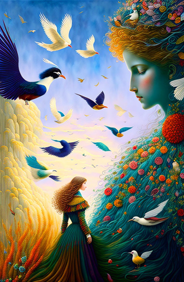 Vibrant surreal painting of large woman's profile with birds and smaller figure