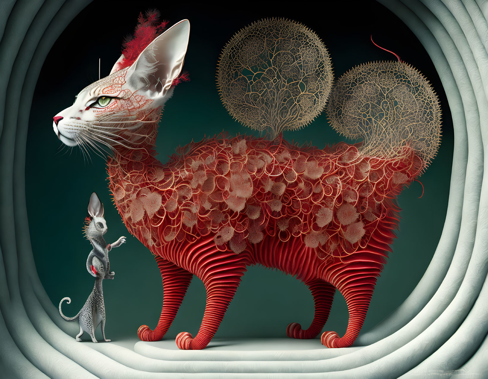 Two stylized cats in surreal artwork on teal background