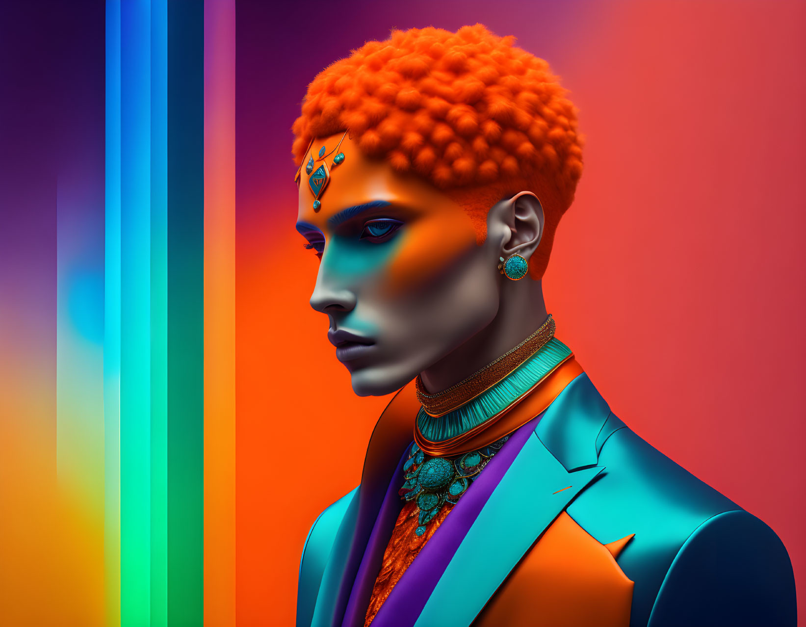 Colorful surreal portrait of a person with blue skin and orange hair wearing a turquoise suit and bold jewelry