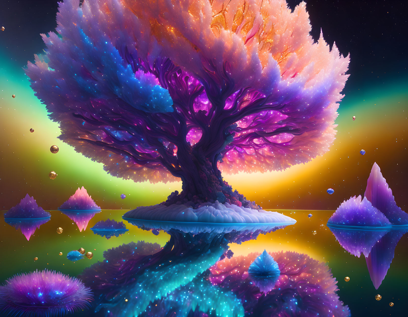 Colorful Tree Illustration on Island with Cosmic Elements