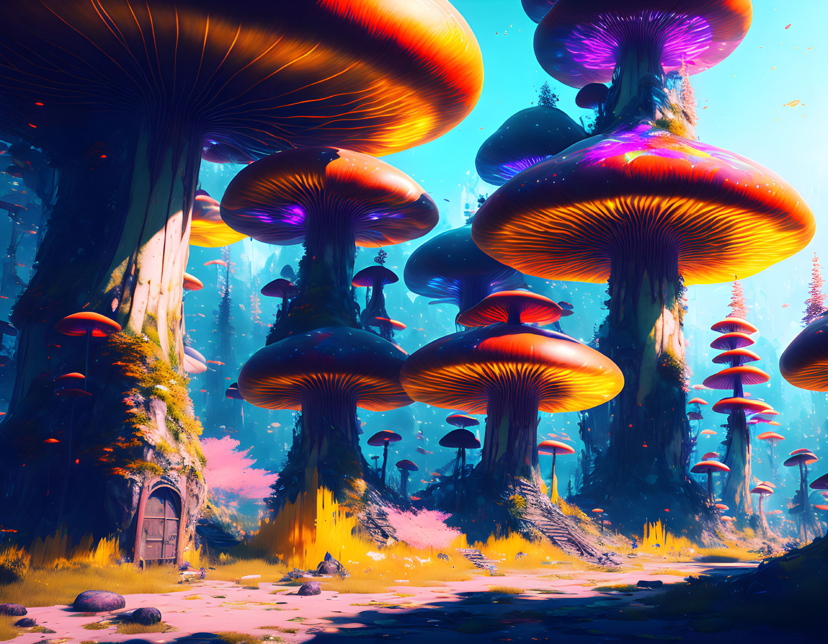 Colorful oversized mushrooms in mystical forest landscape