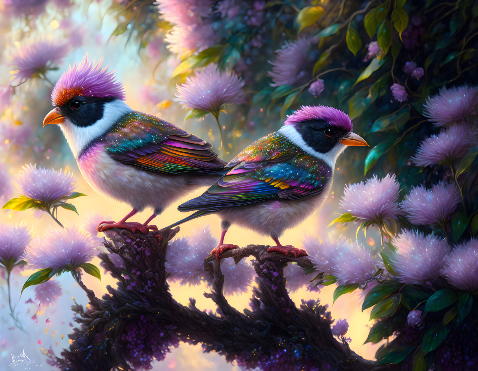 Colorful Birds on Branch in Dreamlike Landscape