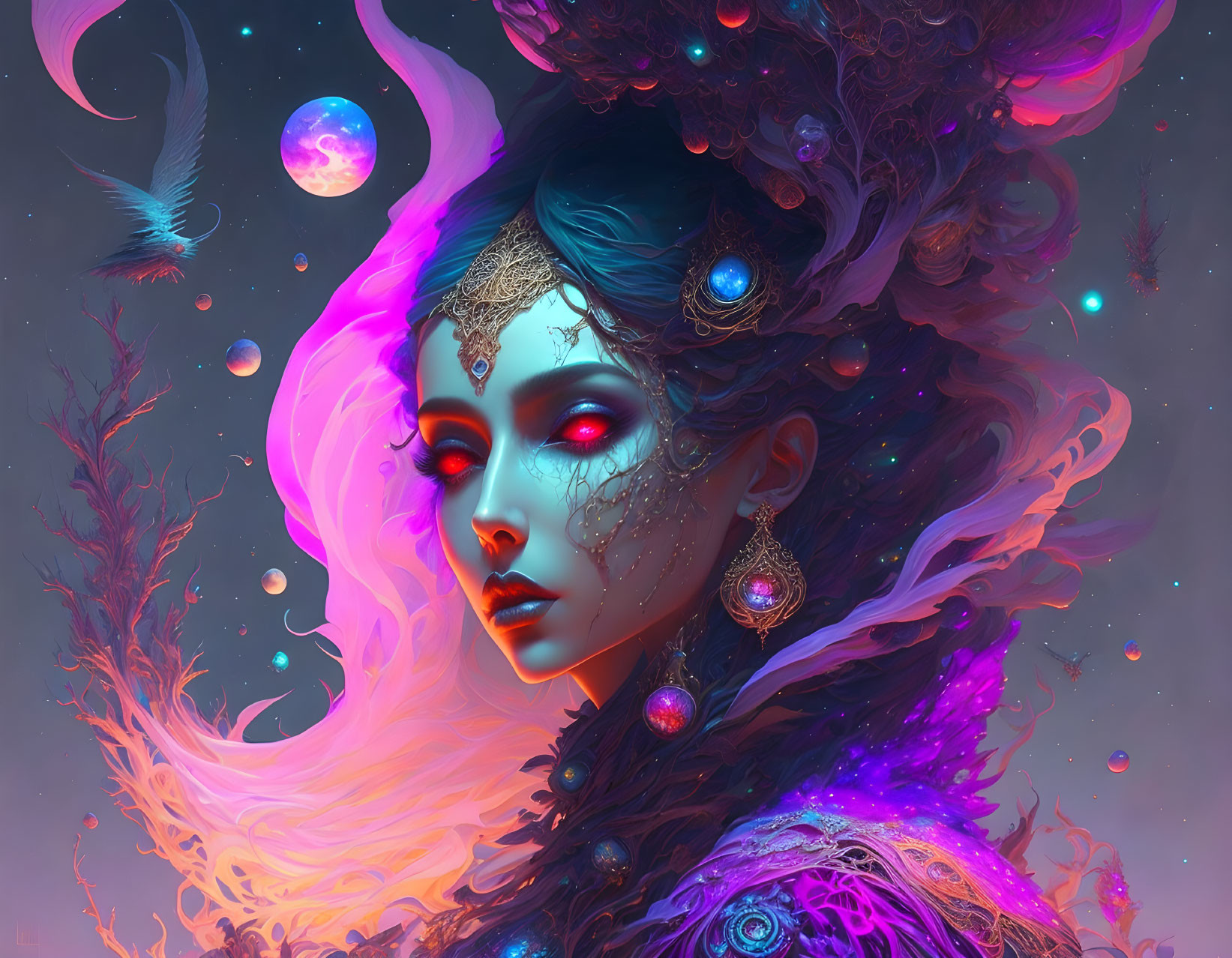 Digital artwork: Woman with cosmic adornments and mystical aura, surrounded by feathers and celestial bodies