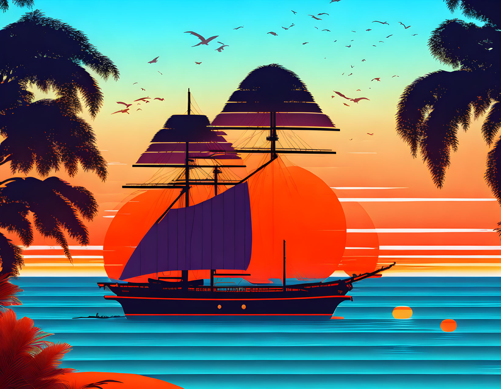 Colorful digital art: tall ship, sunset, palm trees, birds, calm sea