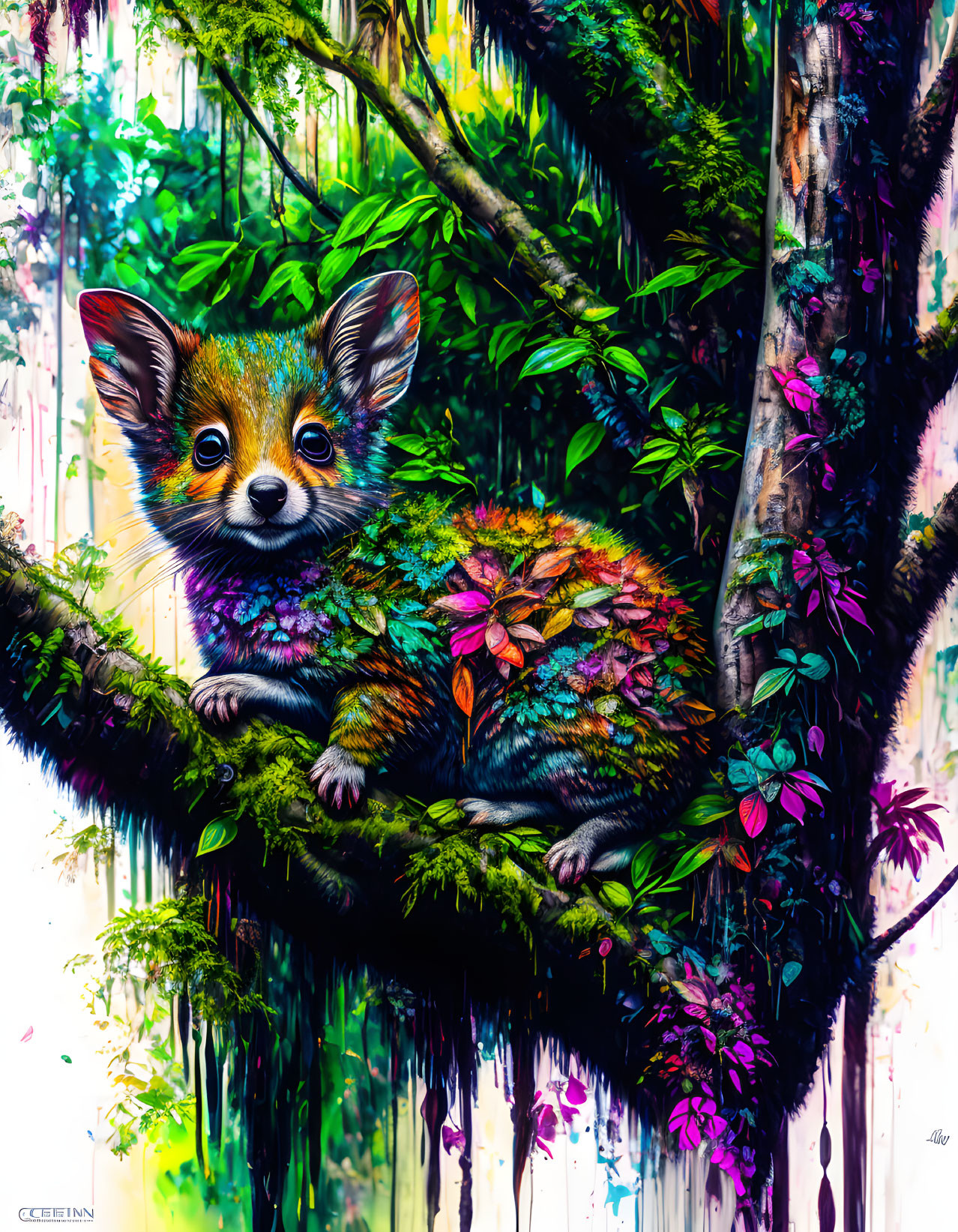 Colorful Illustration: Whimsical Fox Creature on Mossy Branch in Enchanting Forest