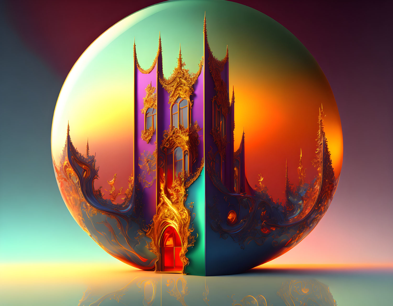 Colorful surrealistic image of glossy sphere with ornate Gothic structures on gradient background