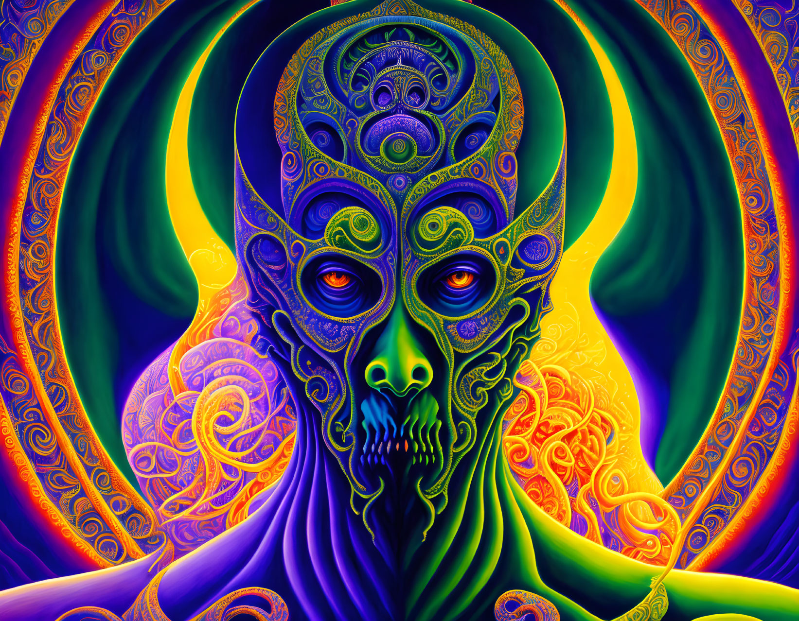 Colorful Psychedelic Alien Face Illustration with Swirling Patterns