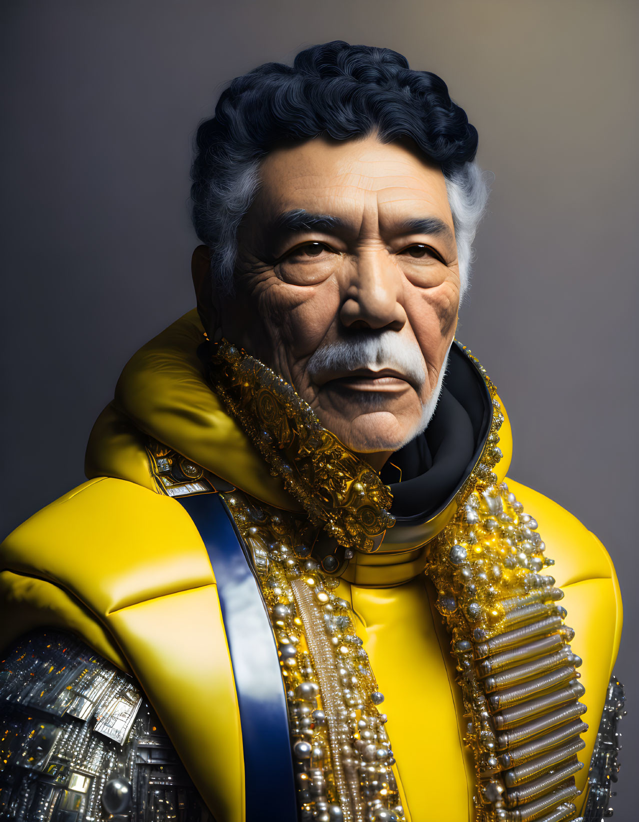 Elderly man in elaborate sci-fi uniform with stern expression