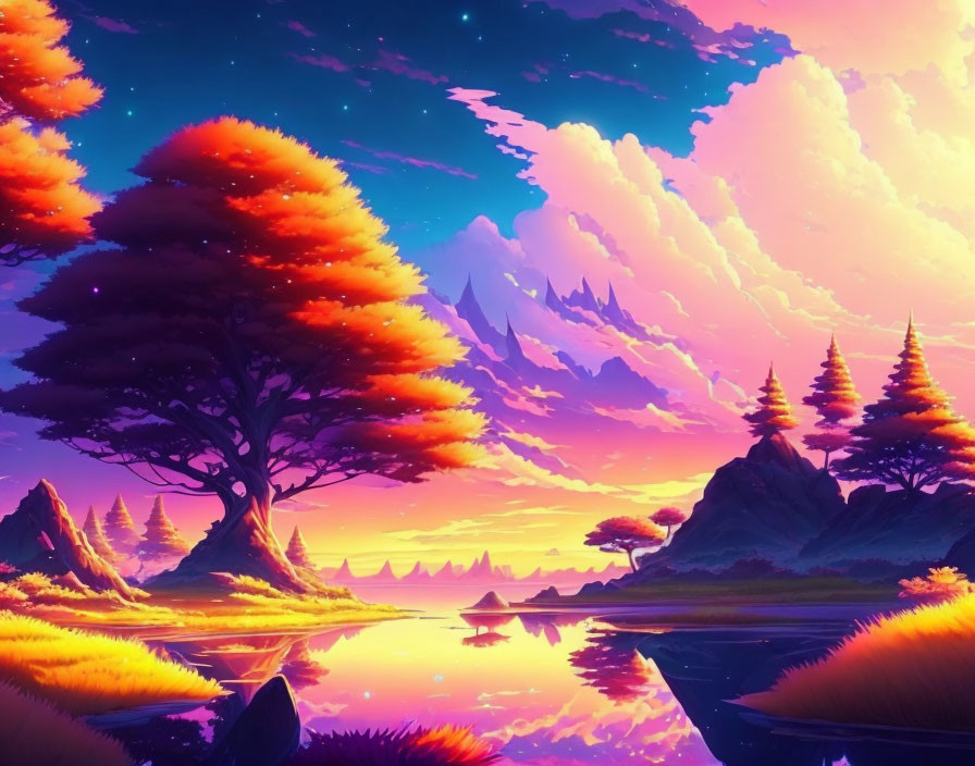 Fantasy landscape with purple sky, glowing stars, orange trees, and tranquil lake.