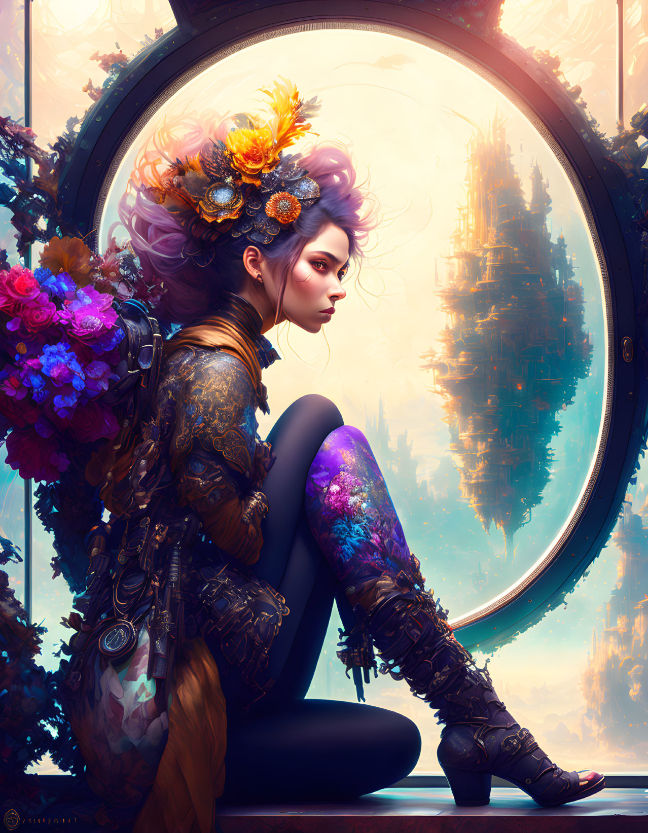 Digital artwork: Woman in floral attire by round window with fantastical landscape