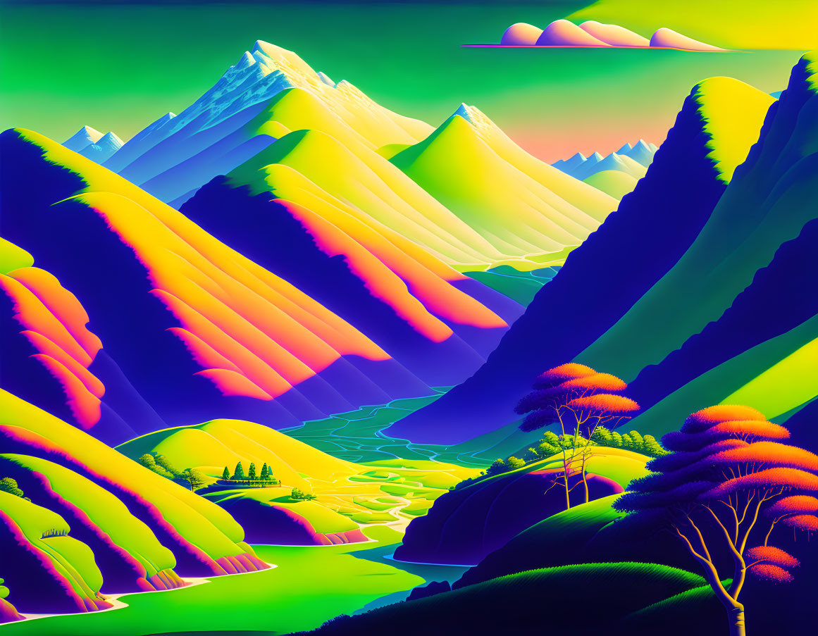 Colorful surreal landscape with neon mountains and stylized trees