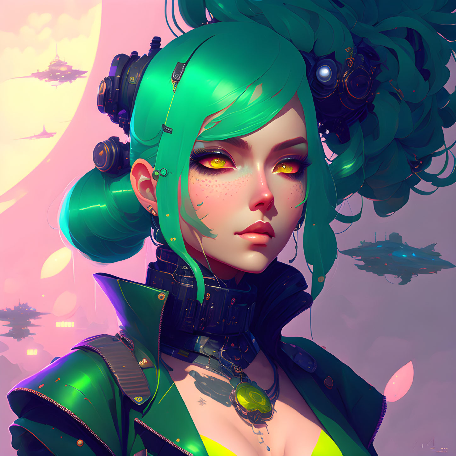 Futuristic digital artwork of woman with green hair and cybernetic enhancements