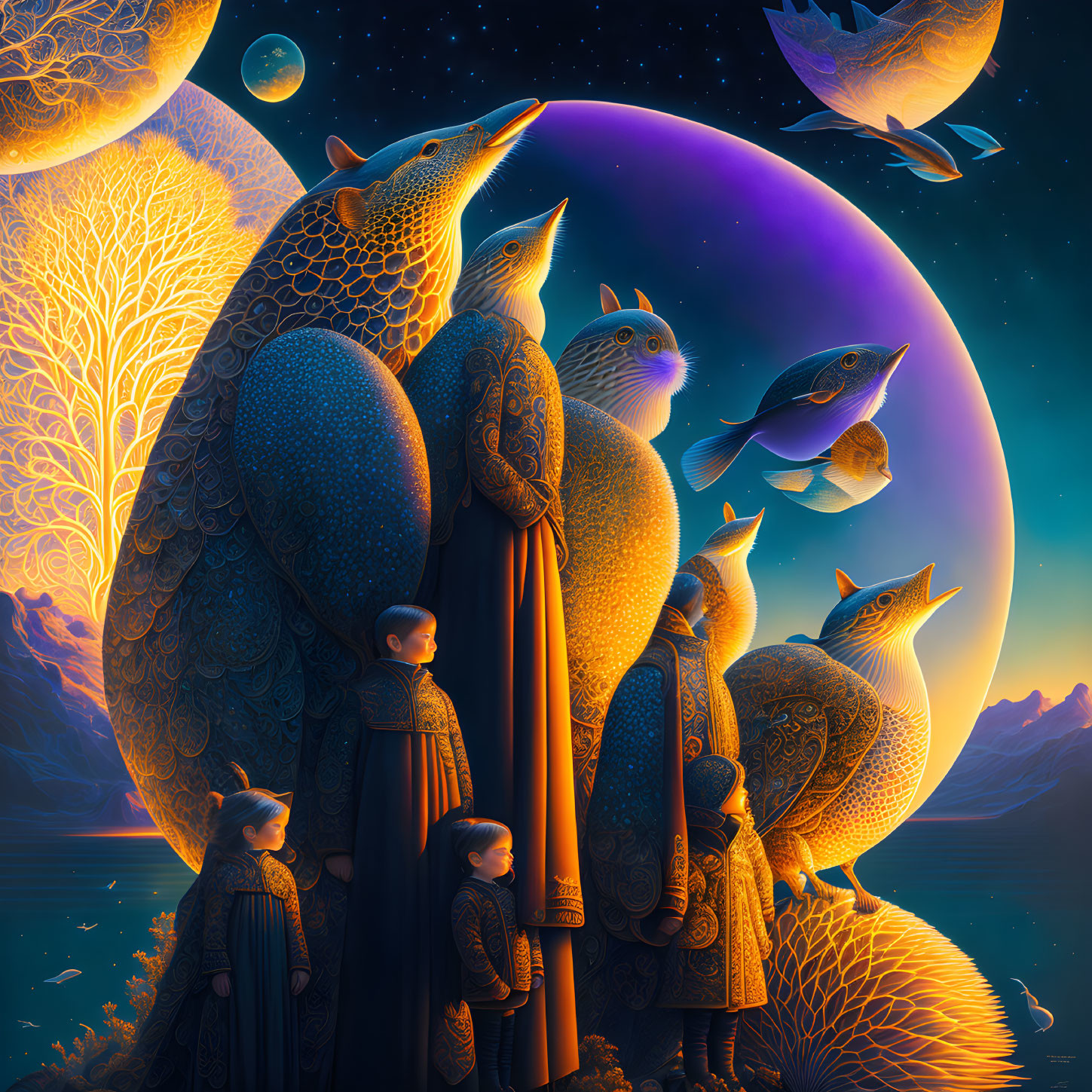 Ethereal artwork: Robed figures, cosmic scene, fox-like creatures, floating fish, vibrant