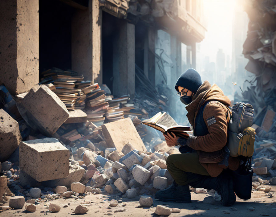 Person reading book in winter hat and glasses among urban decay.