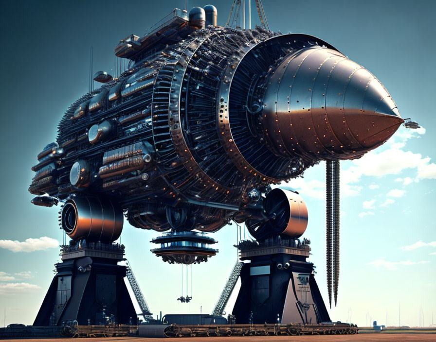 Intricate steampunk airship with large propellers and metalwork