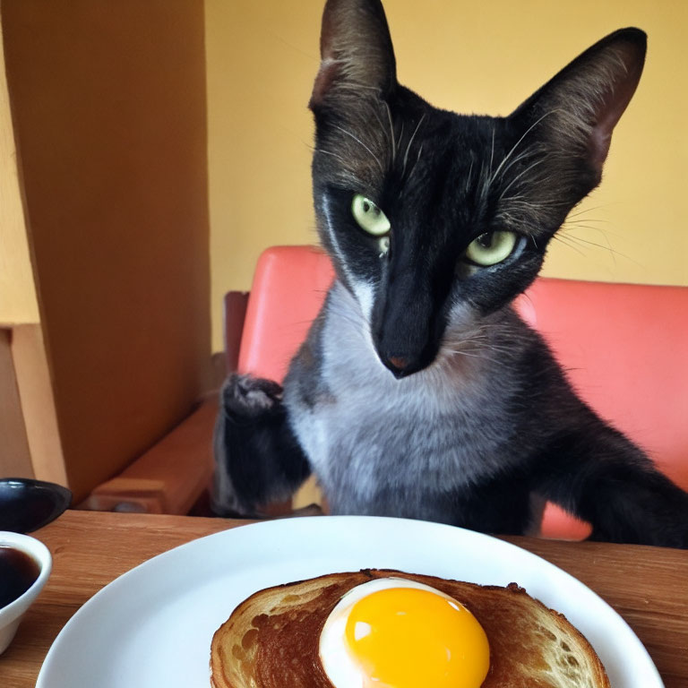 Black cat with green eyes eyeing sunny-side-up egg on toast at table