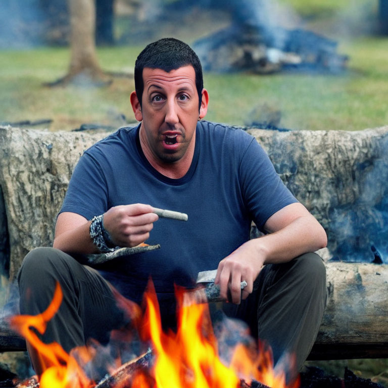 Man sitting by campfire with playful expression holding stick