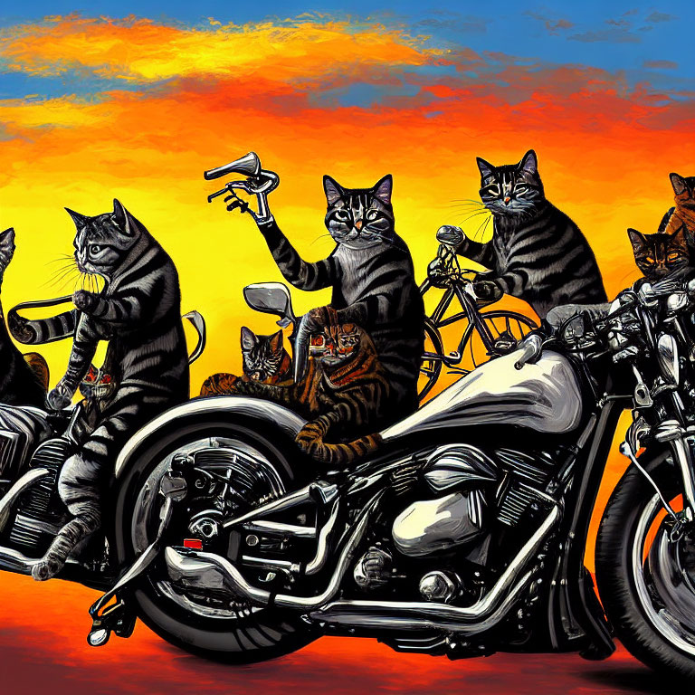 Anthropomorphic Cats Biker Gang with Chopper Motorcycle at Sunset