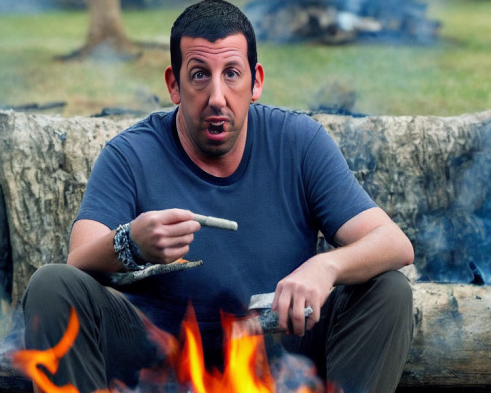 Man sitting by campfire with playful expression holding stick