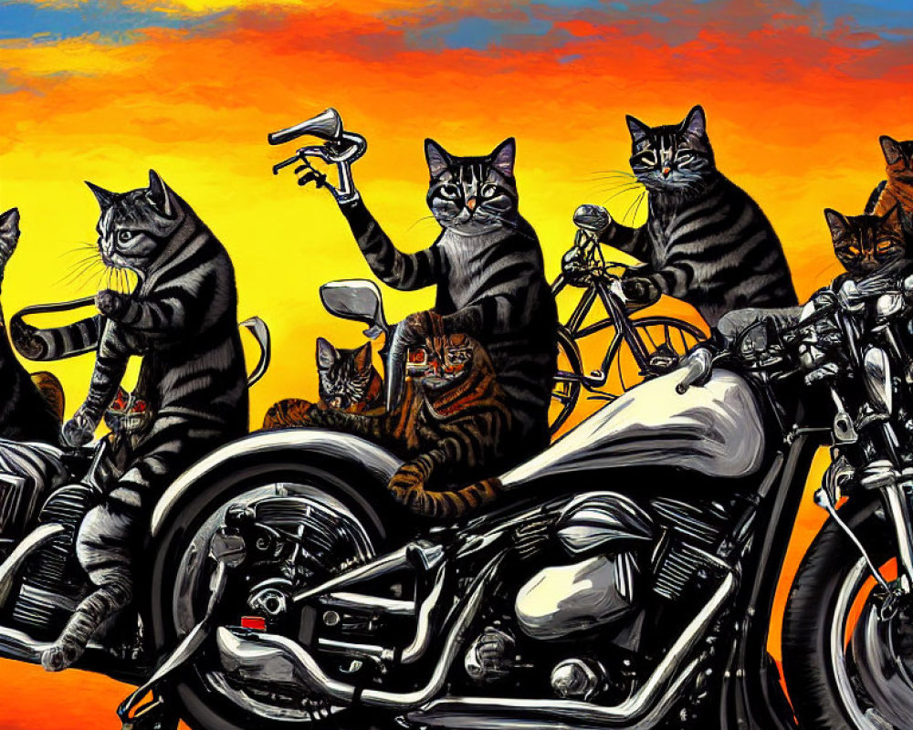 Anthropomorphic Cats Biker Gang with Chopper Motorcycle at Sunset