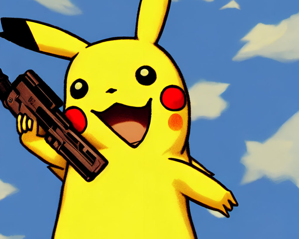 Yellow cartoon character with gun in bright sky.