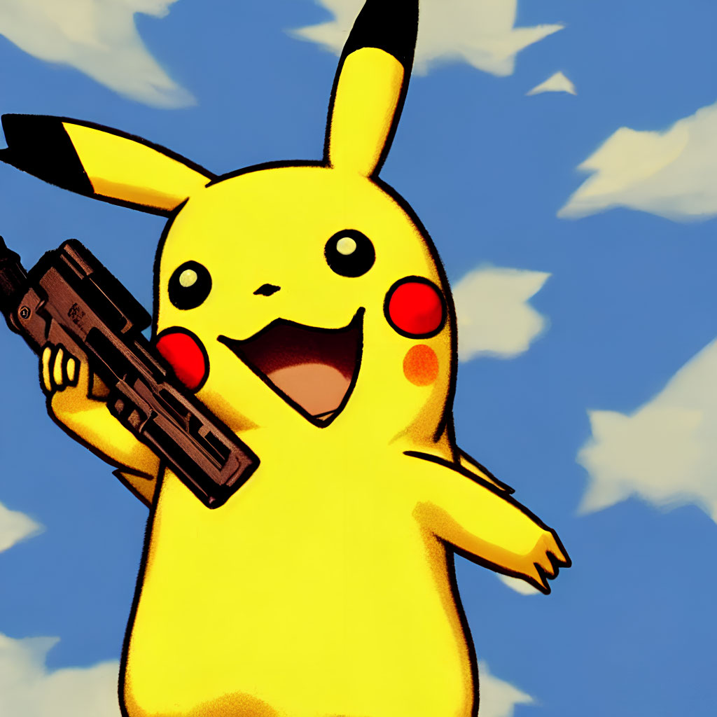 Yellow cartoon character with gun in bright sky.