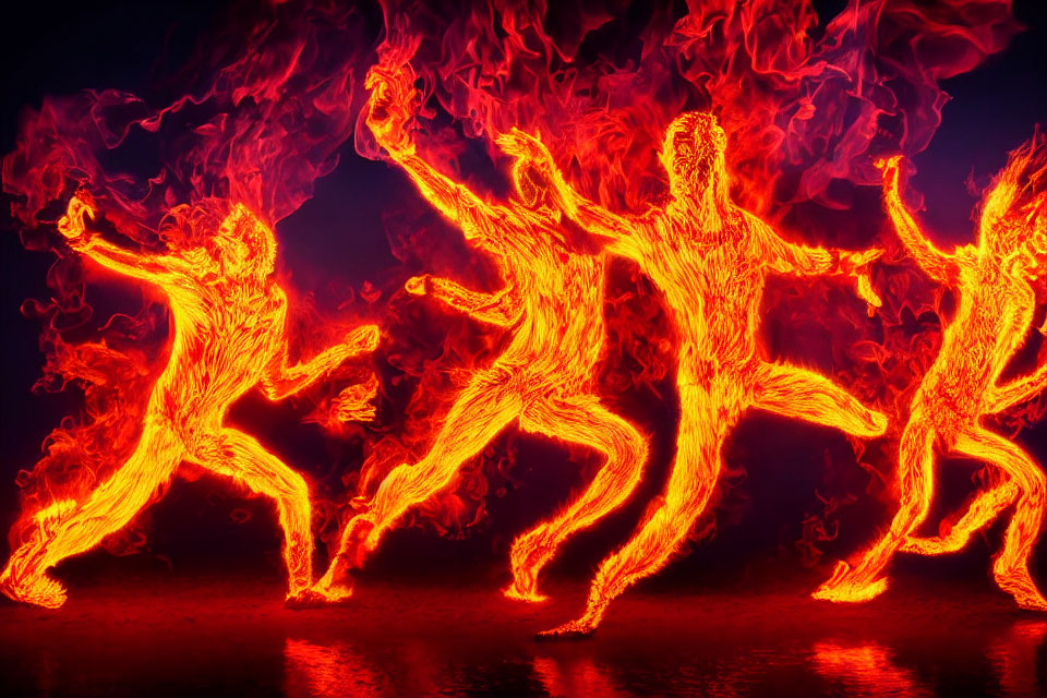 Flaming human figures in motion against fiery background