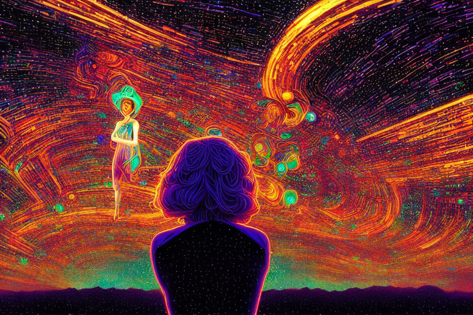 Vibrant psychedelic artwork with cosmic landscape and swirling patterns