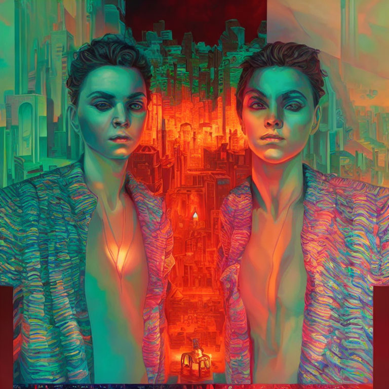 Symmetrical Woman Portraits in Red and Blue Tones on Futuristic City Background