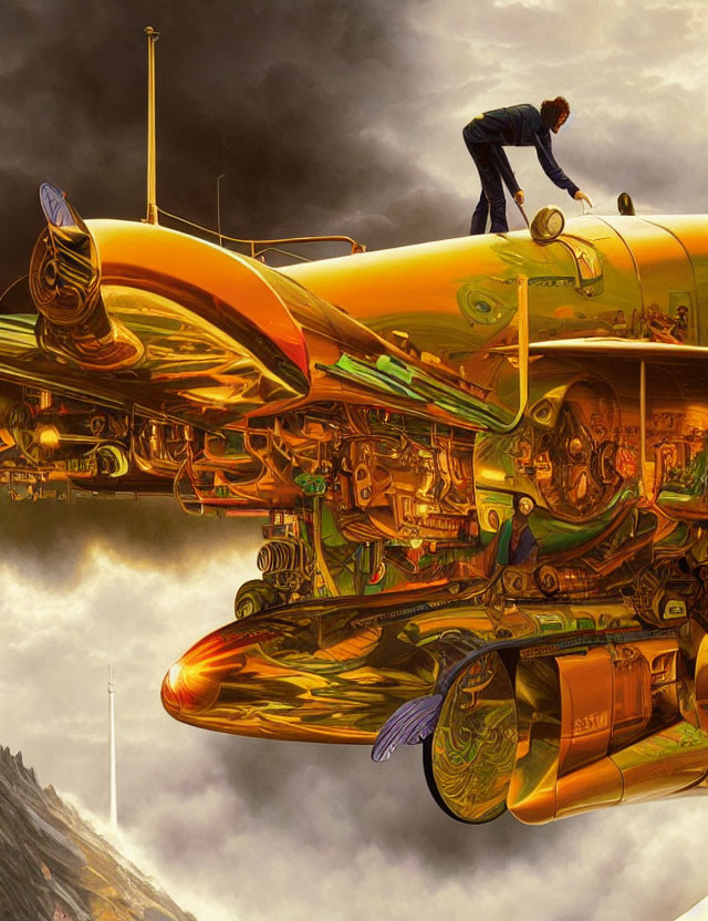 Detailed Cutaway Illustration of Futuristic Gold Aircraft Mechanics