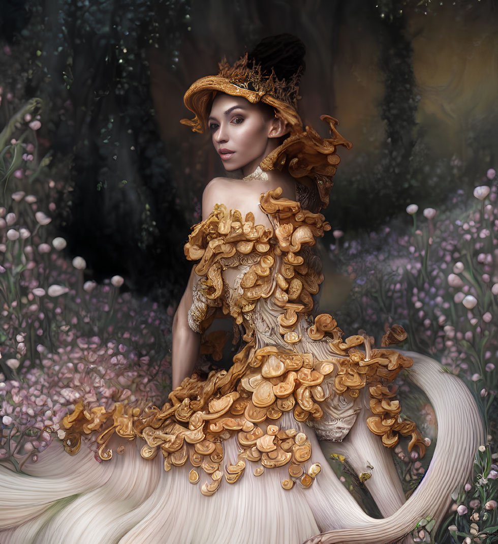 Woman in golden mushroom gown sitting in mystical forest