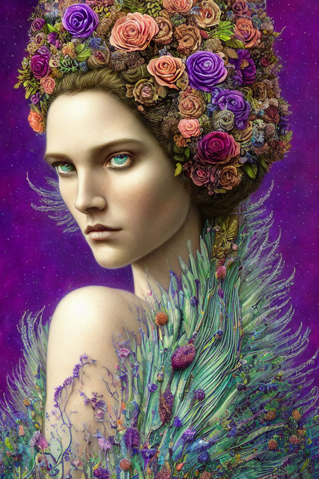 Woman portrait with floral crown and peacock feather adornments